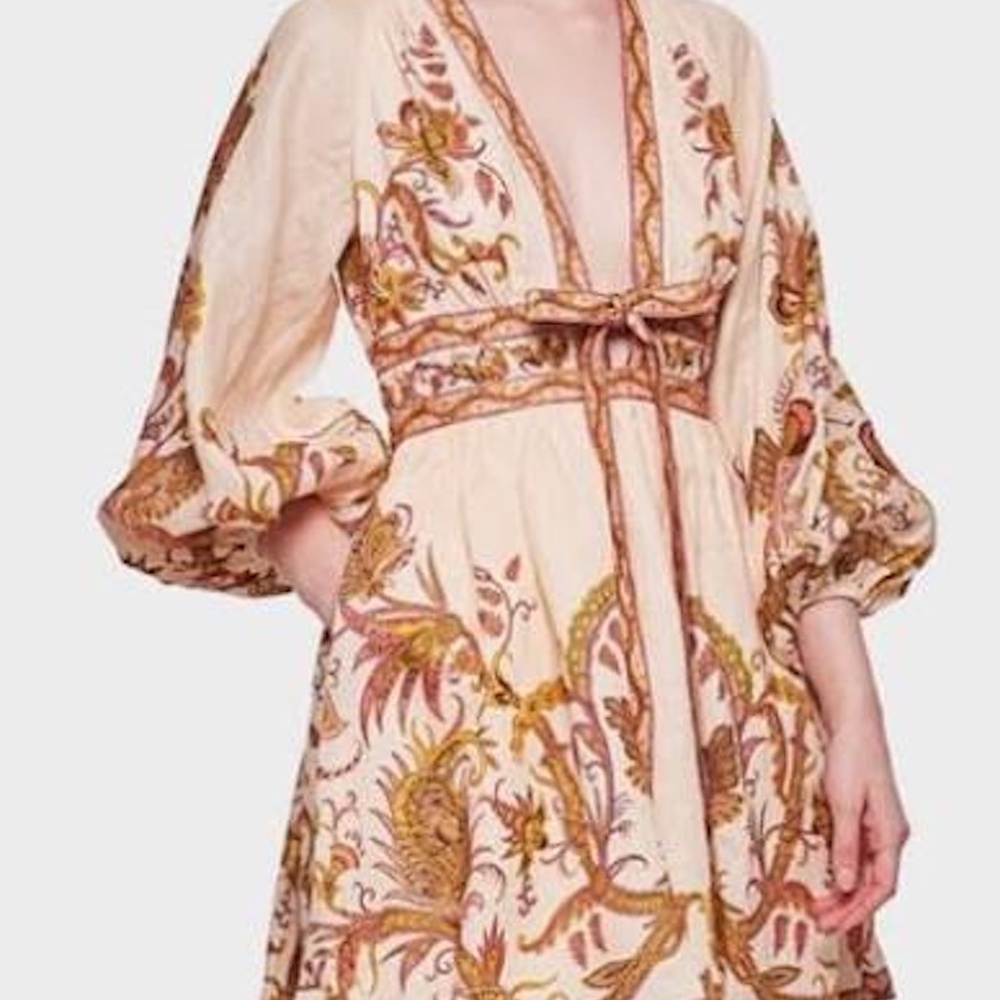 ZIMMERMANN Cassia Plunge Bow Mini Dress Clean Floral Print Linen Size 1 (USA 6)